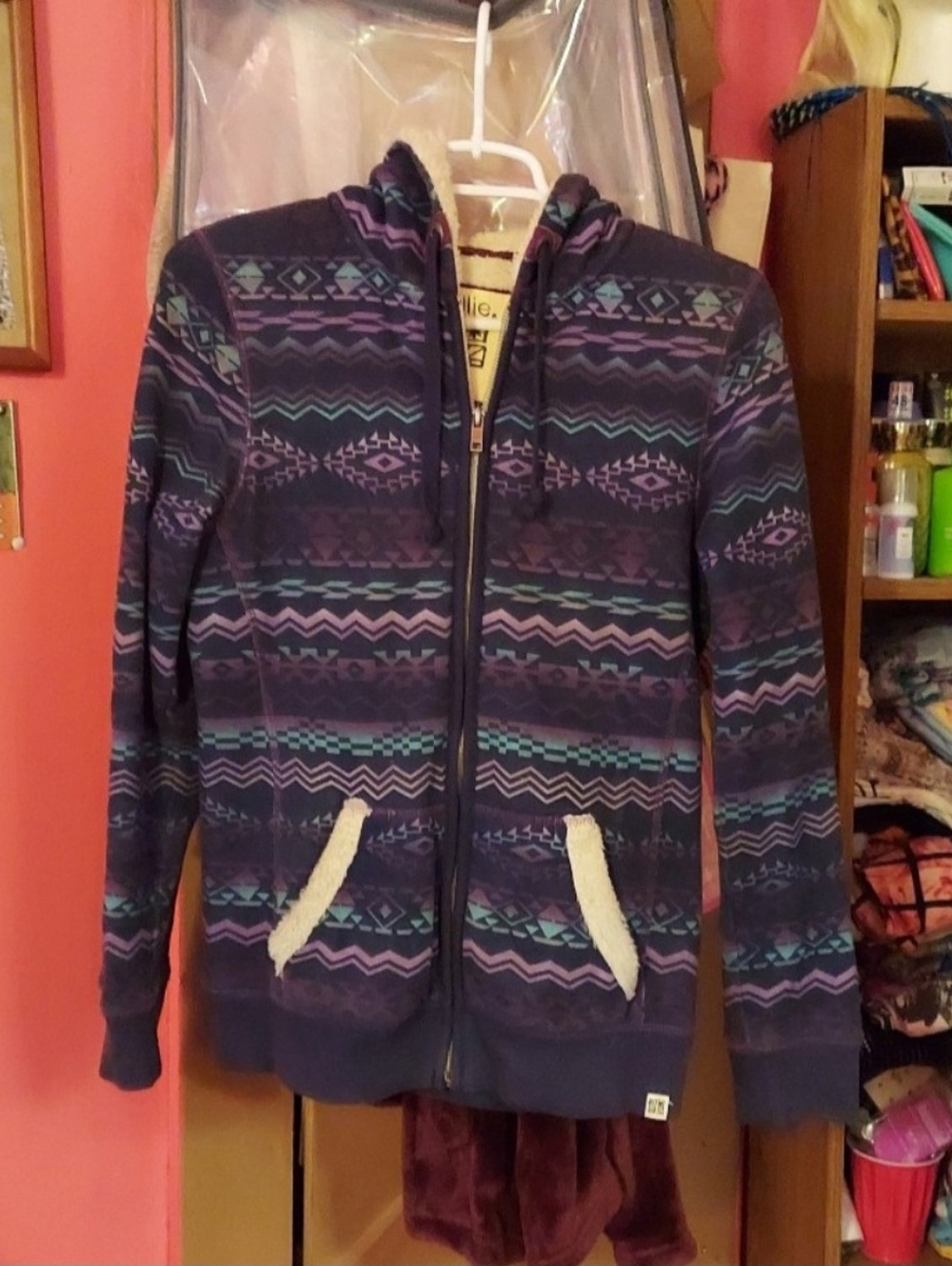 Navy & Purple Geometric Sherpa Lined Fitted Zip Up Hoodie